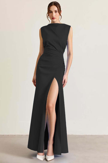 Black Satin Boat Neck Long Sheath Formal Dress with Slit
